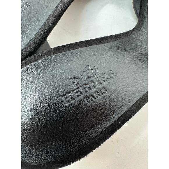 Hermes Oasis Block Heel Sandals Womens 37 US 6.5 Black Suede Arcane Rhinestone - Picture 5 of 10